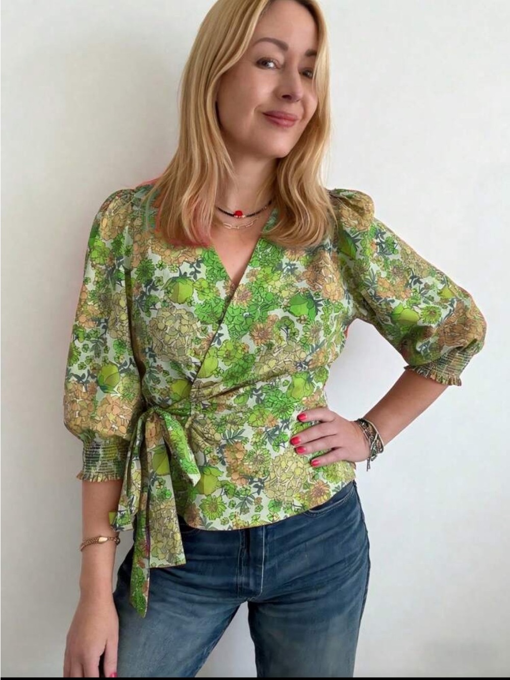 Boho Floral Wrap Tie Top Blouse Shirt Pink Orange